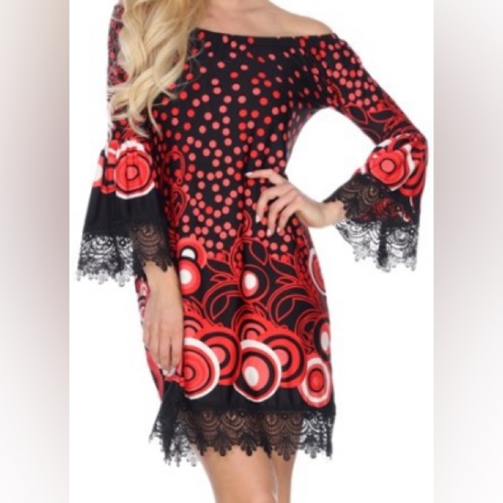 Polka Dot retro bell sleeve mini dress lace trim black red stretchy sz Medium